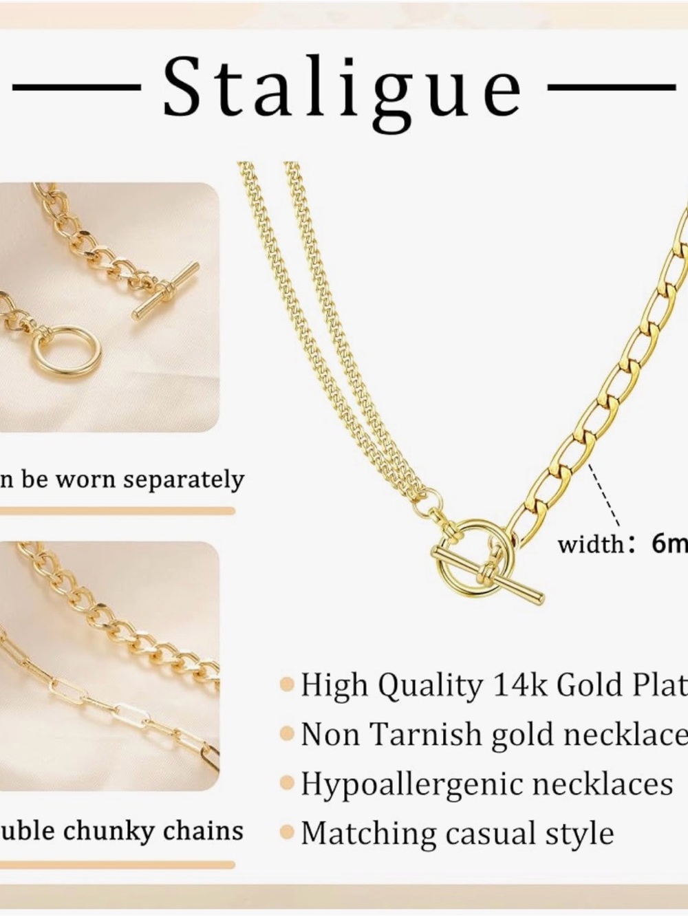 Gold Toggle Chain Necklace - Women’s Layered Link Pendant - Picture 2 of 7